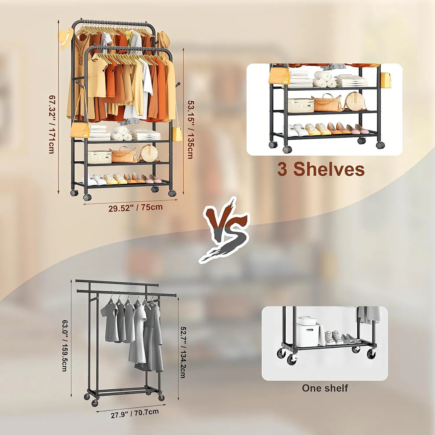 Adjustable 3-in-1 Rolling Garment Rack (3 Shelves)
