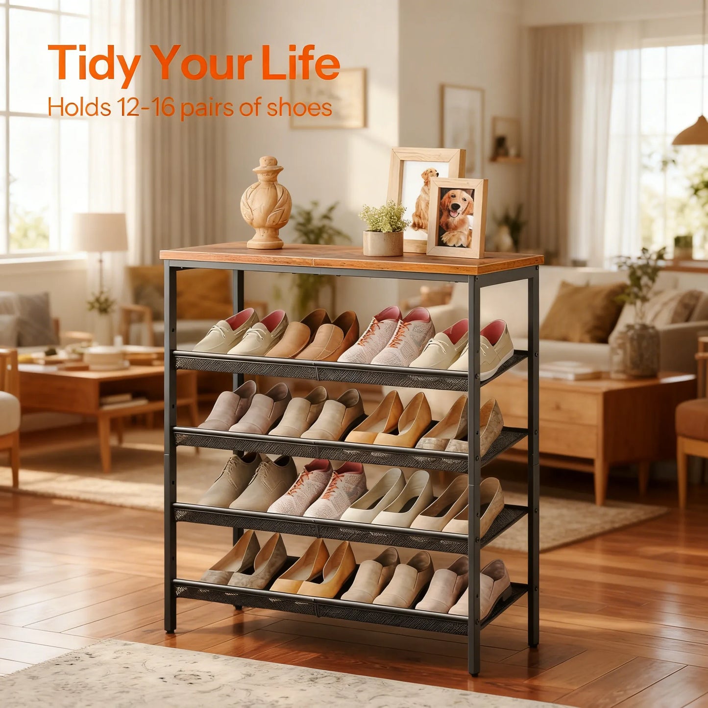 Adjustable 5-Tier Metal Shoe Rack (12-16 Pairs Capacity)