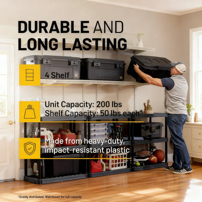 4-Tier Heavy-Duty Plastic Storage Shelf (200Lbs Capacity)