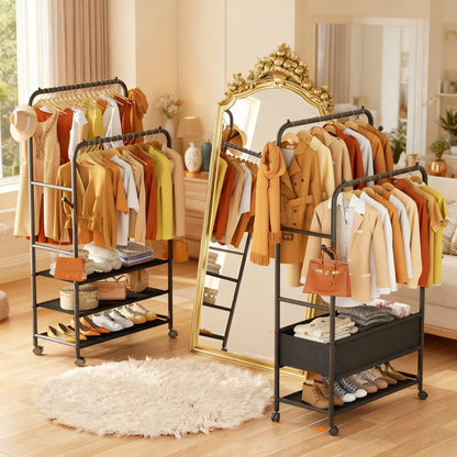 Adjustable 3-in-1 Rolling Garment Rack (3 Shelves)