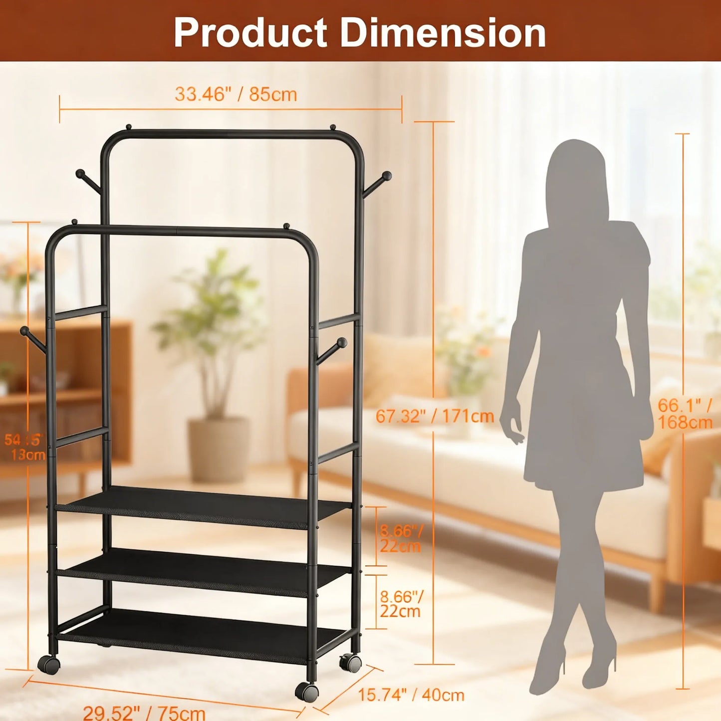 Adjustable 3-in-1 Rolling Garment Rack (3 Shelves)
