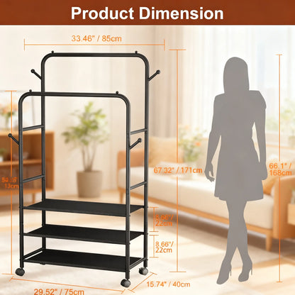 Adjustable 3-in-1 Rolling Garment Rack (3 Shelves)