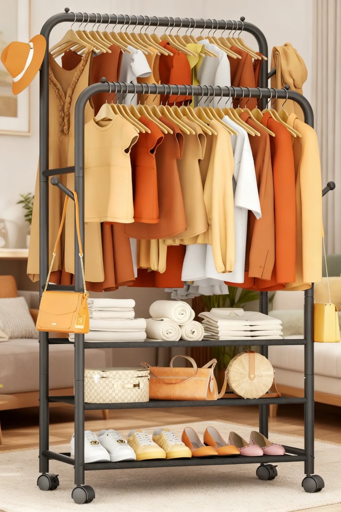 Adjustable 3-in-1 Rolling Garment Rack (3 Shelves)