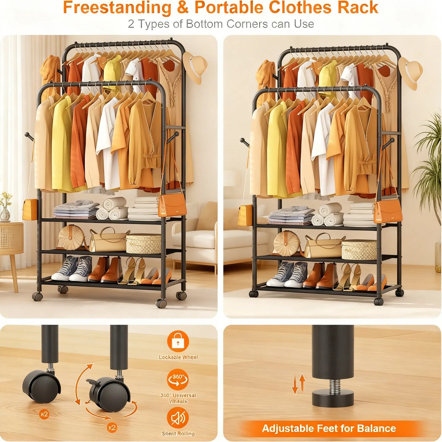 Adjustable 3-in-1 Rolling Garment Rack (3 Shelves)