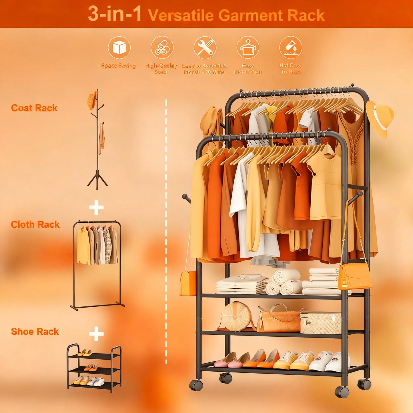 Adjustable 3-in-1 Rolling Garment Rack (3 Shelves)
