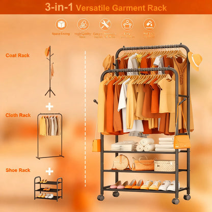 Adjustable 3-in-1 Rolling Garment Rack (3 Shelves)