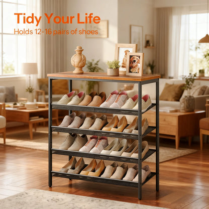 Adjustable 5-Tier Metal Shoe Rack (12-16 Pairs Capacity)